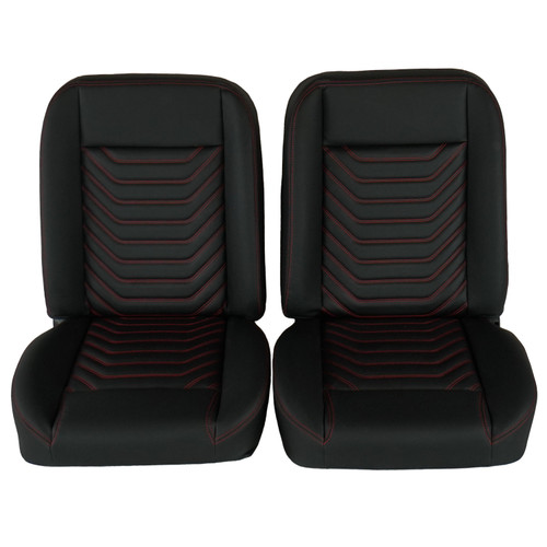 Low Back Bucket Sport Mod I Seat Set, Black Vinyl, Wide Black Insert, Red Thread