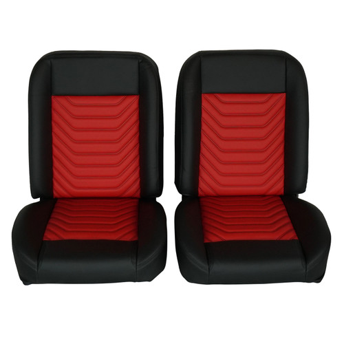 Low Back Bucket Sport Mod I Seat Set, Black Vinyl, Wide Red Insert, Black Thread