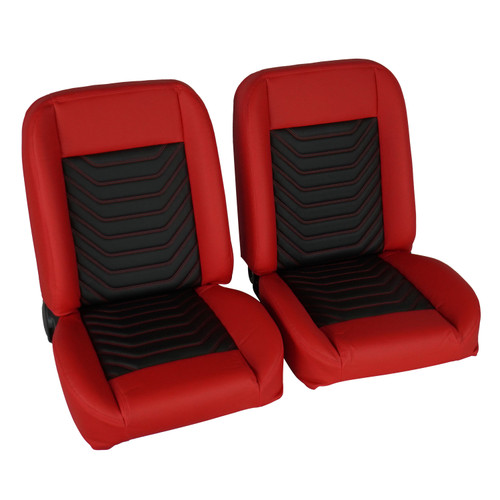 Low Back Bucket Sport Mod I Seat Set, Red Vinyl, Wide Black Insert, Red Thread