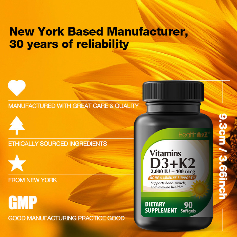 HealthA2Z® Vitamin D3 + K2 | 2000 IU + 100 mcg | 90 Softgels |