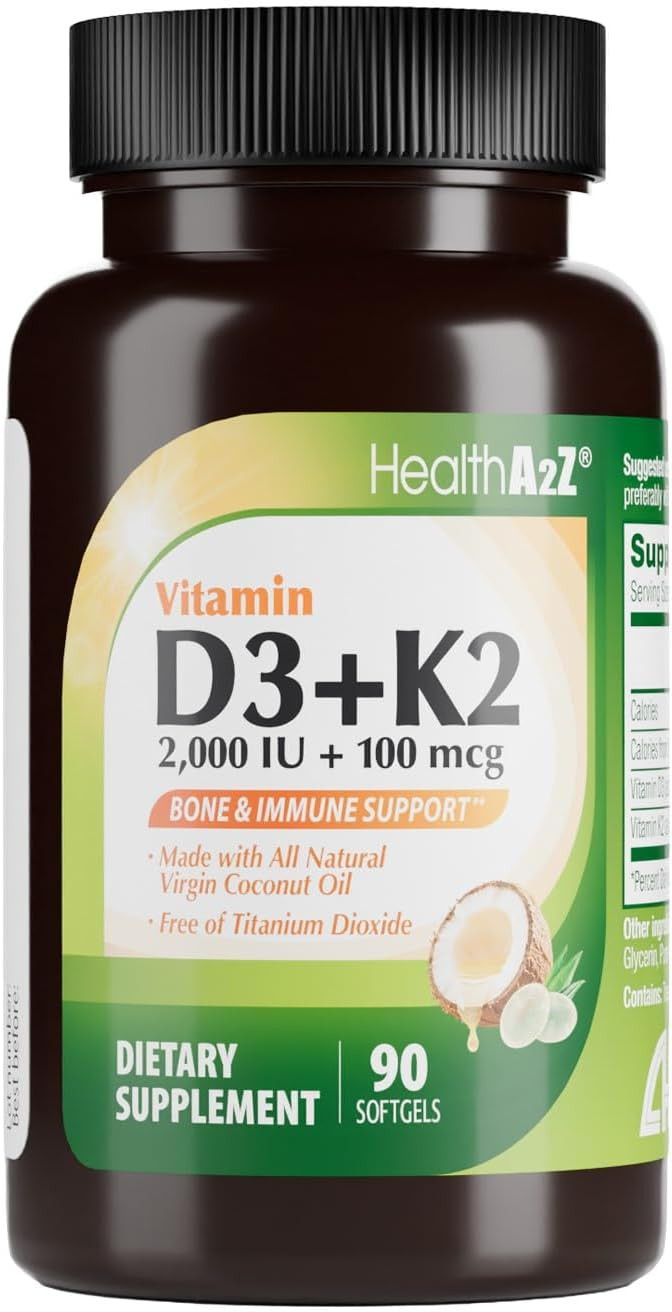 HealthA2Z® Vitamin D3 (2,000 IU) + K2 (MK-7) Made with Virgin