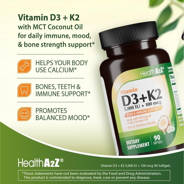 HealthA2Z® Vitamin D3 (5,000 IU) + K2 (MK-7) Made with Virgin