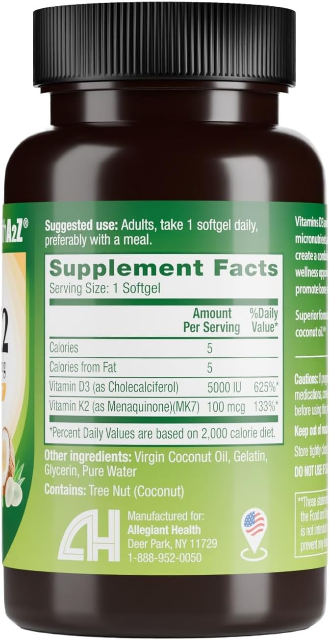 HealthA2Z® Vitamin D3 (5,000 IU) + K2 (MK-7) Made with Virgin