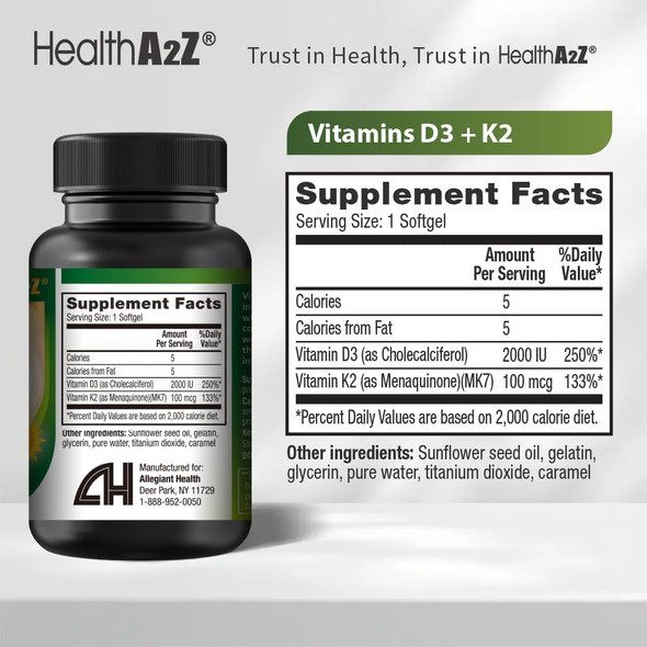 HealthA2Z® Vitamin D3 + K2 | 2000 IU + 100 mcg | 90 Softgels | Bone & Immune Support | Supports Bone, Muscle & Immune Health HealthA2Z® Vitamin D3 + K2 | 2000 IU + 100 mcg | 90 Softgels | Bone & Immune Support | Supports Bone, Muscle & Immune Health