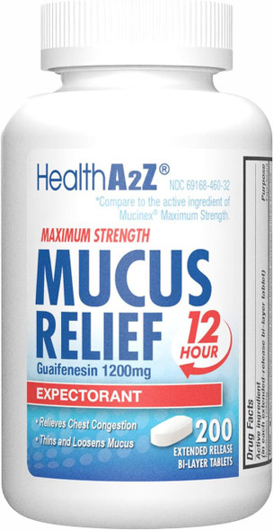 HealthA2Z® Mucus Relief | Guaifenesin 1200 mg | NO Benzene | 200 Tablets | Maximum Strength | 12 Hour | Expectorant | Relieves Chest Congestion | Thins and Loosens Mucus HealthA2Z® Mucus Relief | Guaifenesin 1200 mg | NO Benzene | 200 Tablets | Maximum Strength | 12 Hour | Expectorant | Relieves Chest Congestion | Thins and Loosens Mucus