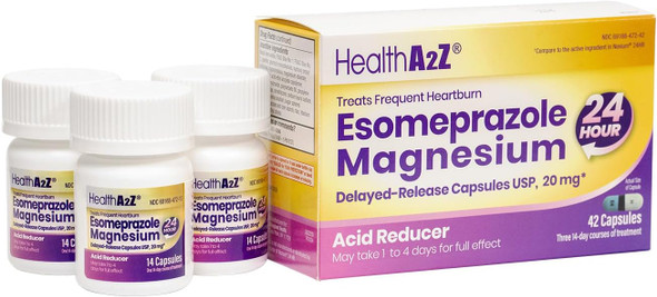 HealthA2Z® Esomeprazole Magnesium | Acid Reducer | 20mg | Delayed-Released Capsules USP | 24 Hours | Treats Frequent Heartburn HealthA2Z® Esomeprazole Magnesium | Acid Reducer | 20mg | Delayed-Released Capsules USP | 24 Hours | Treats Frequent Heartburn