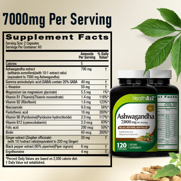 HealthA2Z Ashwagandha - 120 Capsules - 7,000mg Ashwagandha Root Powder per serving with Magnesium Glycinate and Ergothioneine HealthA2Z Ashwagandha - 120 Capsules - 7,000mg Ashwagandha Root Powder per serving with Magnesium Glycinate and Ergothioneine