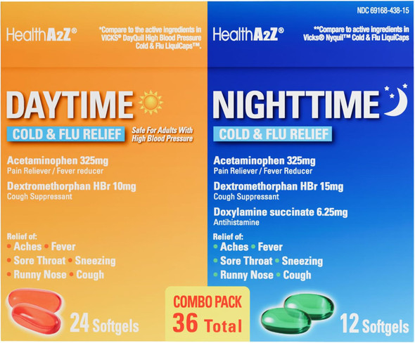 HealthA2Z® Daytime and Nighttime | Cold & Flu Medicine | Decongestant-Free | Powerful Multi-Symptom Daytime and Nighttime Relief | Suitable for Adults with High Blood Pressure (36 Softgels)