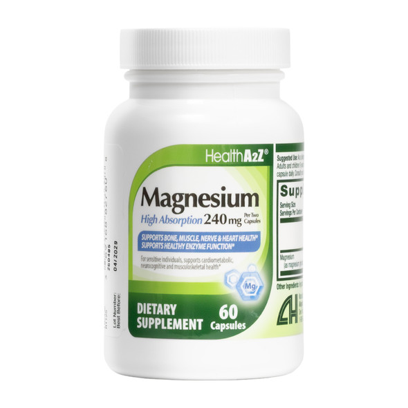 HealthA2Z® Magnesium Glycinate 240 mg - 60 Capsules, Supports Daytime Energy, Nighttime Restful Sleep, Stress Relief, Mood Balance, Bone & Muscle Health, and Natural Beauty - High Absorption Formula