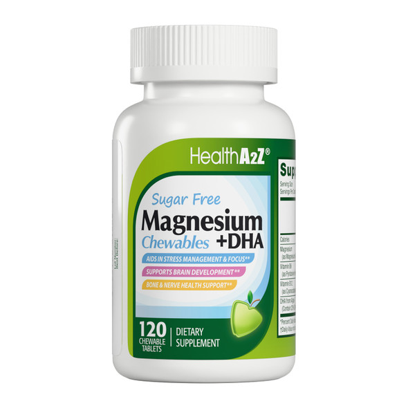 HealthA2Z® Magnesium Glycinate = DHA 120mg - 120 Chewable Tablets - Sugar Free, Aid in Stress Management & Focus, Kids Friendly