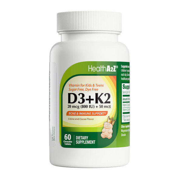 HealthA2Z® Kids' & Teens' Chewable Vitamin D3 + K2 20 mcg (800IU) + 50mcg - 60 Tablets (Pack of 1) - Bone & Immune Health Support - Sugar Free, Dye Free, Creme and Cocoa Flavor