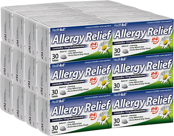 HealthA2Z® Allergy Relief | Loratadine 10mg | Antihistamine | Relief from Itchy Throat, Sneezing, Runny Noses | 24-Hours Allergy Medicine | 30 Tablets (Pack of 24) | 720 Tablets Total | Value Pack