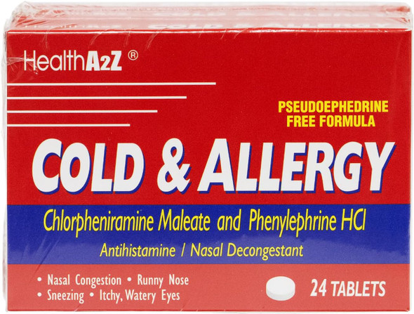 HealthA2Z® Cold & Allergy | Chlorpheniramine Maleate & Phenylephrine HCl | 24 Tablets (Pack of 24) | 576 Total Tablets | Value Pack