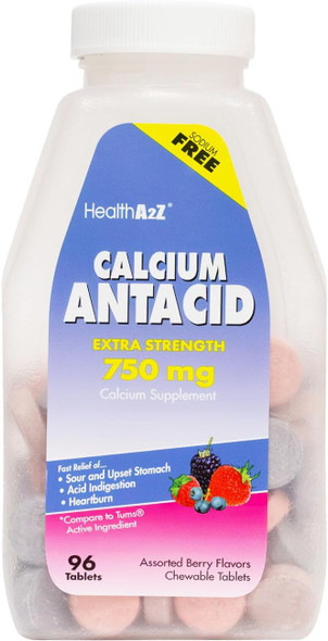 HealthA2Z® Calcium Antacid | 750mg Extra Strength | Relief from Sour & Upset Stomach, Acid Indigestion | 24 Packs of 96 Chewable Tablets (2,304 Tablets Total) | Value Pack | Assorted Berry Flavors