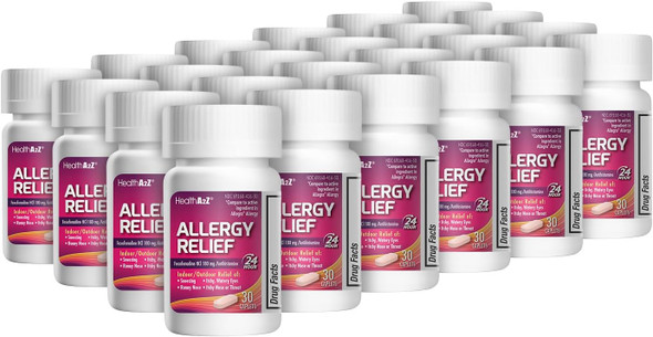 HealthA2Z Fexofenadine Hydrochloride 180mg | Antihistamine | Value Pack | 24-Hour Antihistamine for Allergy Relief | 30 Count (Pack of 24) | 720 Total Capelets
