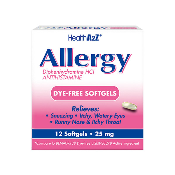 HealthA2Z® Allergy Relief, Diphenhydramine HCL 25mg, dye-free softgels