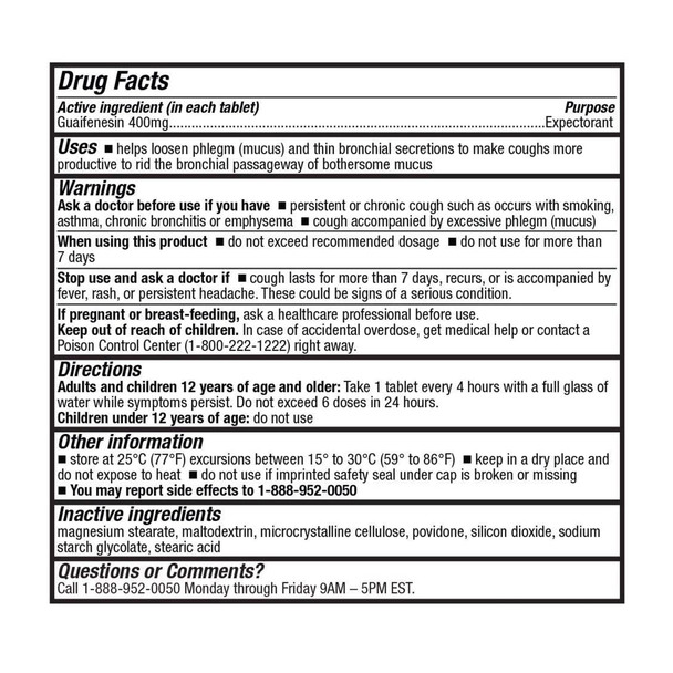 HealthA2Z Mucus Relief, Guaifenesin 400mg, 300 Tablets