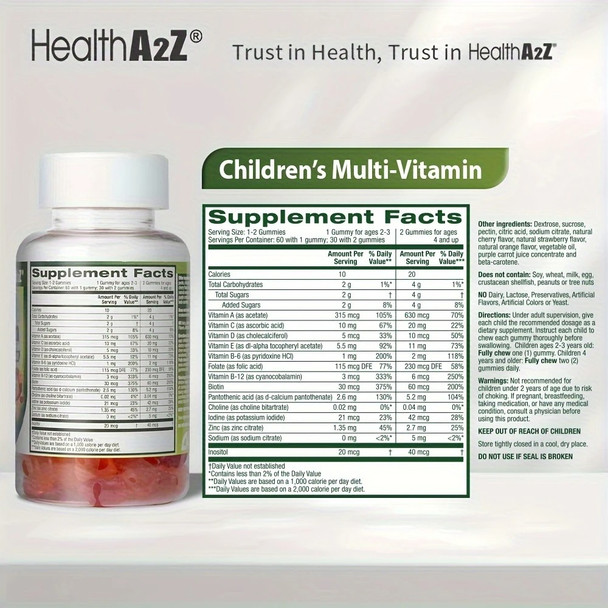 HealthA2Z® Kids Multivitamin Gummies | 60 Pieces | Strawberry, Orange, Cherry & Mixed Fruit Flavors | With 12 Key Nutrients | Supports Immune Health | Tasty & Complete Multivitamin Formula