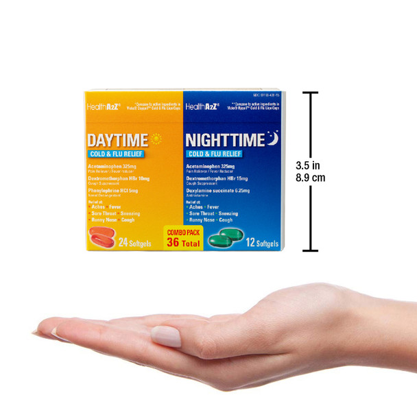 HealthA2Z® Daytime and Nighttime Combo Pack | Cold & Flu Medicine | Powerful Multi-Symptom Daytime and Nighttime Relief | 36 Count | 24 Daytime | 12 Nighttime Softgels