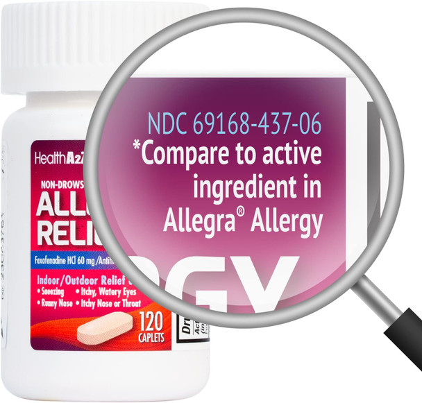 HealthA2Z® Fexofenadine Hydrochloride 60mg | Antihistamine | Allergy Relief | 120 Count Caplets | Indoor/Outdoor Relief | 12 Hours