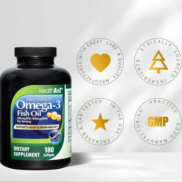 HealthA2Z® Fish Oil | 900 mg EPA / 600 mg DHA | 180 Softgels | Triple Strength Omega-3 | Supports Heart & Brain Health | Helps Support Optimal Wellness