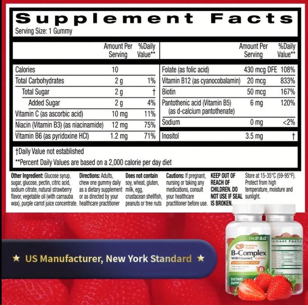 HealthA2Z® Strawberry Flavored B-Complex | 60 Pieces | With Vitamin C | Supports Energy Health & Nervous System Function