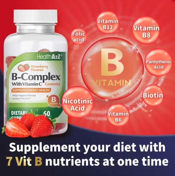 HealthA2Z® Strawberry Flavored B-Complex | 60 Pieces | With Vitamin C | Supports Energy Health & Nervous System Function