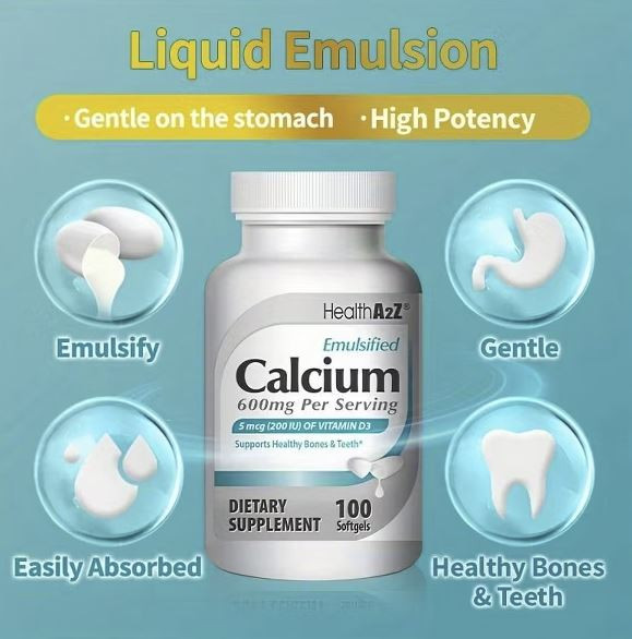 HealthA2Z® Emulsified Calcium | 600 mg Per Serving | 100 Softgels | With 5 mcg (200 IU) Vitamin D3 | Supports Healthy Bones & Teeth | Superior Absorption