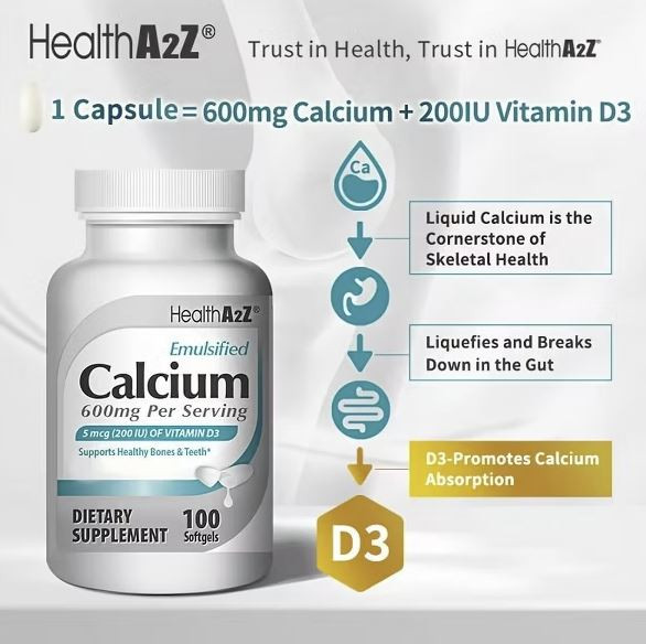 HealthA2Z® Emulsified Calcium | 600 mg Per Serving | 100 Softgels | With 5 mcg (200 IU) Vitamin D3 | Supports Healthy Bones & Teeth | Superior Absorption