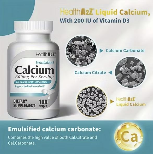 HealthA2Z® Emulsified Calcium | 600 mg Per Serving | 100 Softgels | With 5 mcg (200 IU) Vitamin D3 | Supports Healthy Bones & Teeth | Superior Absorption