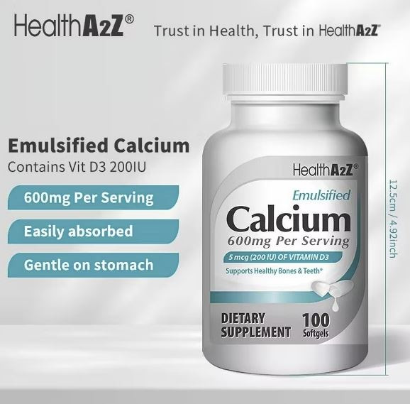 HealthA2Z® Emulsified Calcium | 600 mg Per Serving | 100 Softgels | With 5 mcg (200 IU) Vitamin D3 | Supports Healthy Bones & Teeth | Superior Absorption