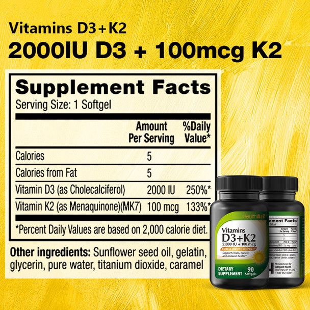HealthA2Z® Vitamin D3 + K2 | 2000 IU + 100 mcg | 90 Softgels | Bone & Immune Support | Supports Bone, Muscle & Immune Health