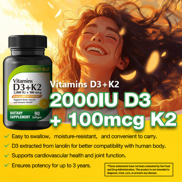 HealthA2Z® Vitamin D3 + K2 | 2000 IU + 100 mcg | 90 Softgels | Bone & Immune Support | Supports Bone, Muscle & Immune Health