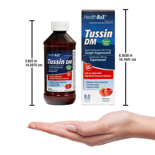 HealthA2Z® Tussin DM Sugar Free | Dextromethorphan HBr 20mg, Guaifenesin 200mg | Cough Suppressant & Expectorant | for Adults with High Blood Pressure & Diabetes | 8 FL Oz, Raspberry Flavor
