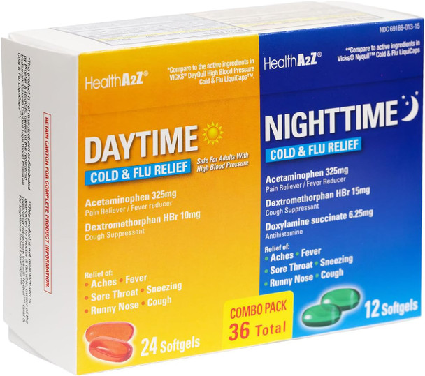 HealthA2Z® Daytime and Nighttime | Cold & Flu Medicine | Decongestant-Free | Powerful Multi-Symptom Daytime and Nighttime Relief | Suitable for Adults with High Blood Pressure (36 Softgels)