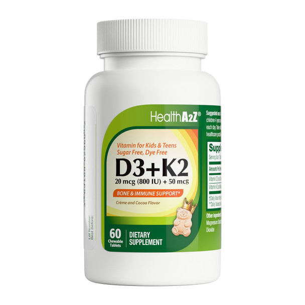 HealthA2Z® Kids' & Teens' Chewable Vitamin D3 + K2 20 mcg (800IU) + 50mcg - 60 Tablets (Pack of 1) - Bone & Immune Health Support - Sugar Free, Dye Free, Creme and Cocoa Flavor