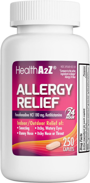 HealthA2Z® Allergy Relief, Fexofenadine Hydrochloride 180mg, 24-Hour Antihistamine, Indoor & Outdoor Allergy Relief, 250 Counts