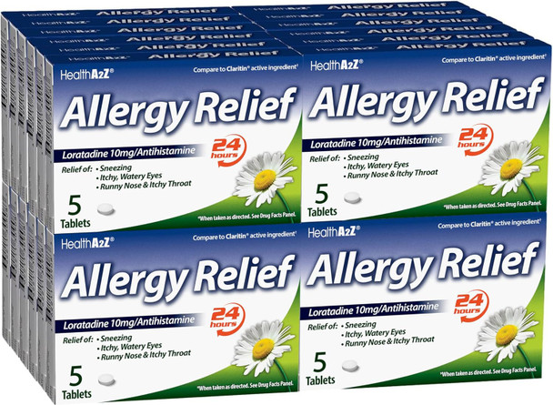 HealthA2Z® Allergy Relief | Loratadine 10mg | Antihistamine | 24-Hour Allergy Medicine | 5 Tablets (Pack of 24) | 120 Tablets Total | Value Pack