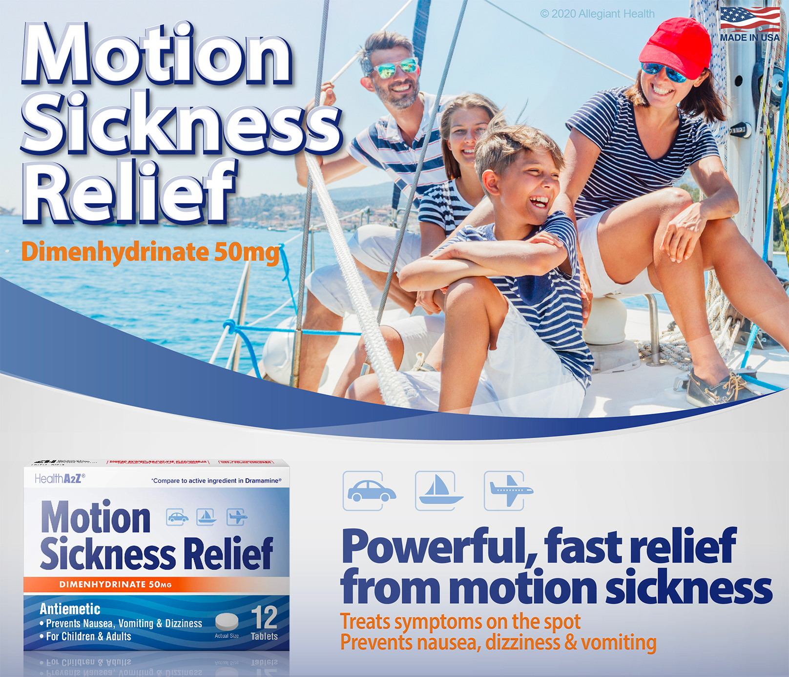 HealthA2Z Motion Sickness Relief 50mg (1 Pack, 3 Packs & 6 Packs)