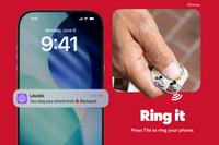 Phone lock screen with notification reading 'Life360: You rang your phone from Backpack,' next to a hand pressing a Mickey Mouse-themed Life360 Tile tracker. Text: Ring it. Press Tile to ring your phone.
