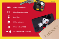 Black Mickey Mouse-themed Life360 Tile tracker attached to a keyring and Mickey Mouse Slim tucked into a passport cover. Feature list: 3-year battery life, 350ft Bluetooth range, loud ring, water resistant, works with Life360, use with iOS and Android.