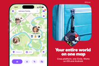 Life360 app map screen showing family members' and a dog's live locations, next to a black Minnie Mouse-themed Life360 Tile tracker clipped to a blue backpack. Text: Your entire world on one map. Cross platform, one Circle. Works on iOS and Android.