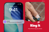 Phone lock screen with notification reading 'Life360: You rang your phone from Backpack,' next to a hand pressing a Minnie Mouse-themed Life360 Tile tracker. Text: Ring it. Press Tile to ring your phone.