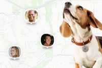 Image of Life360 Pet Tag on a beagle and the Life360 map in the background