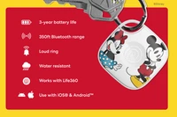 White Mickey and Minnie Mouse-themed Life360 Tile tracker attached to a keyring. Feature list: 3-year battery life, 350ft Bluetooth range, loud ring, water resistant, works with Life360, use with iOS and Android.