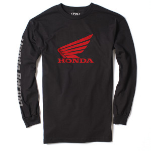 <ul><li>Black</li><li>Men's crew long sleeve shirt</li><li>100% cotton 4.3 oz. combed ring-spun</li><li>Screen printed Honda Wing red logo on the front and Honda Racing gray logo on the rightsleeve</li><li>Official Honda licensed apparel</li></ul>