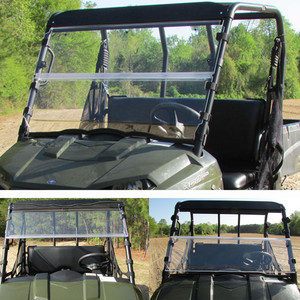 <ul><li><span style="font-family:lucida sans unicode,lucida grande,sans-serif;"><span style="font-size:12px;">Versa-Flip windshields are a high performance split windshield designed to allow the rider to configure the windsheild based on weather conditions and driver preference</span></span></li><li><span style="font-family:lucida sans unicode,lucida grande,sans-serif;"><span style="font-size:12px;">3 configurations - upper, lower and full </span></span></li><li><span style="font-family:lucida sans unicode,lucida grande,sans-serif;"><span style="font-size:12px;">Full: use full windshield for full protection from the elements</span></span></li><li><span style="font-family:lucida sans unicode,lucida grande,sans-serif;"><span style="font-size:12px;">Upper: use this configuration for dusty trails because it pressurizes the cab, keep ing out dust while allowing air into the cab</span></span></li><li><span style="font-family:lucida sans unicode,lucida grande,sans-serif;"><span style="font-size:12px;">Lower: configure just the lower windshield to force the air down and out of the rider's face</span></span></li><li><span style="font-family:lucida sans unicode,lucida grande,sans-serif;"><span style="font-size:12px;">Impact resistant acrylic offers shatter resistance up to 24 times that of laminated glass and more abrasion resistance than polycarbonate; it has nearly unlimited resistance to weathering and UV and yet, it is very stable up to 200°</span></span></li><li><span style="font-family:lucida sans unicode,lucida grande,sans-serif;"><span style="font-size:12px;">92% light transmission</span></span></li><li><span style="font-family:lucida sans unicode,lucida grande,sans-serif;"><span style="font-size:12px;">Can be polished / buffed</span></span></li><li><span style="font-family:lucida sans unicode,lucida grande,sans-serif;"><span style="font-size:12px;">The acrylic used in these windshields are commonly used with helicopter windows, underwater windows, police riot gear, large public aquariums</span></span></li><li><span style="font-family:lucida sans unicode,lucida grande,sans-serif;"><span style="font-size:12px;">Installs easily with basic hand tools and no drilling required</span></span></li><li><span style="font-family:lucida sans unicode,lucida grande,sans-serif;"><span style="font-size:12px;">Quickly configure on the fly without tools</span></span></li><li><span style="font-family:lucida sans unicode,lucida grande,sans-serif;"><span style="font-size:12px;">All hardware stays on the roll cage regardless of configuration</span></span></li><li><span style="font-family:lucida sans unicode,lucida grande,sans-serif;"><span style="font-size:12px;">Plastic hinge holds two pieces together</span></span></li><li><span style="font-family:lucida sans unicode,lucida grande,sans-serif;"><span style="font-size:12px;">Integrated rubber bumpers keep pieces from rubbing together</span></span></li><li><span style="font-family:lucida sans unicode,lucida grande,sans-serif;"><span style="font-size:12px;">Clamps with ball studs ensure that the windshield stays in place even over rough terrain</span></span></li><li><span style="font-family:lucida sans unicode,lucida grande,sans-serif;"><span style="font-size:12px;">Works with nearly all soft and hard tops and Seizmik accessories</span></span></li><li><span style="font-family:lucida sans unicode,lucida grande,sans-serif;"><span style="font-size:12px;">Trailerable to 65 mph</span></span></li><li><span style="font-family:lucida sans unicode,lucida grande,sans-serif;"><span style="font-size:12px;">Fits mid size Ranger 2010-14 (Does not fit the 2009 Ranger due to an anomaly with the roll cage)</span></span></li></ul>