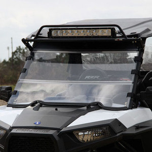 0.220 in. thick material - see vehicle specific model for material choices<p><p>The only fully sealed folding windshield available for Polaris Ranger Pro Fit Series Roll Cages<p><p>The best and only folding windshield design with a full perimeter seal design (no gap between windshield and roof)seals as good as any full windshield<p><p>Automotive-grade, high-deflection bulb gasket around entire windshield perimeter insures best in class tight weatherproof seal<p><p>Top folds against the bottom, nothing contacts the hood<p><p>Quickly release/secure upper windshield section with simple twist of two composite leversno tools required<p><p>Top windshield held in folded position securely and easily with two heavy-duty captive rubber plugs<p><p>Mechanically attached UV protected transparent hinge is durable and replaceable<p><p>Works with Polaris O.E.M. Roof and Doors<p><p>Works with Seizmik Pre-Runner Light Bar System, Mirror Kits, Doors and Hood Rack<p><p>Trailerable to 65mph when folded down<p><p>All the benefits of regular polycarbonate, but the hard coating makes it incredibly scratch resistant. Hard coating on both front and back of windshield. Its pointless to coat only one side of a UTV windshield since both sides get so dirty. Be wary if the hard coating doesnt specify that its on both sides. 90% light transmission. More than 2x the cost of acrylic. Also commonly used in race car windshields<p><p>Note: Hood Rack needs to be unlatched and tilted forward to allow upper windshield to fold down, then replaced once upper windshield is secure.<p><p>