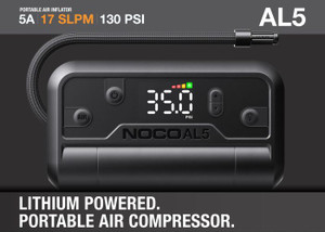 <p>AL5 is the next generation of portable air compressors, utilizing advanced motor and airflow design in an unbelievably compact form with uncompromising performance, it runs longer, fills faster, and is infinitely better. 5-amp portable air compressor with a 90-watt motor rated at a maximum pressure of 130psi.&nbsp;</p><br><p>Efficient</p><p>Inflate tires from 0 to 40 psi in an astonishingly swift 7 minutes at 17 LPM (Liters Per Minute). Or quickly top off (35-40 PSI) low tires in less than 1 minute.&nbsp;</p><br><p>Smart Pressure</p><p><span style="font-family: __Inter_40b4be, __Inter_Fallback_40b4be; text-align: center; background-color: rgb(0, 0, 0); --darkreader-inline-bgcolor: var(--darkreader-background-000000, #000000);" data-darkreader-inline-bgcolor="">An integrated sensor measures pressure as you inflate - then stops automatically at your set target. No guesswork. No overinflation. Just precise, effortless control every time.</span><font size="3"><br></font><br><br></p><p>Charge Devices</p><p>Power everything. With USB-C Power Delivery, you have the power to charge almost everything. Its internal power bank provides 30-watts of power— both in and out— to effortlessly power our favorite USB-C devices, like phones, tablets, laptops, wearables, and more.</p><br><p>Compact and Portable</p><p>With its rugged portable design, integrated cord management, dedicated slots for accessories, and ultra-compact size, it can easily be stored - and ready to take on whatever you do.</p><p>7.73" x 4.33" x2.16"<br>1.8 lbs.</p><br><ul><li>Powerful 90W Motor</li><li>Auto shutoff at set pressure</li><li>F<span style="font-size: 1em;">ast inflation: 17 liters per minute</span></li><li>130psi</li><li>Will run at 50psi for 20 min</li><li>Fills tires up to 31"</li><li>50-Lumen flashlight</li><li>1-Year manufacturer's limited warranty</li><li>Made in the USA</li></ul><br><ul><li>Includes:</li></ul><ul style="scrollbar-color: rgb(78, 82, 84) rgb(22, 25, 26);"><li style="scrollbar-color: rgb(78, 82, 84) rgb(22, 25, 26);">10" Braided Hose</li><li style="scrollbar-color: rgb(78, 82, 84) rgb(22, 25, 26);">Presta Adapter</li><li style="scrollbar-color: rgb(78, 82, 84) rgb(22, 25, 26);">Needle</li><li style="scrollbar-color: rgb(78, 82, 84) rgb(22, 25, 26);">Inflatable Toy Fill Adapter</li><li style="scrollbar-color: rgb(78, 82, 84) rgb(22, 25, 26);">Quick Connect</li><li style="scrollbar-color: rgb(78, 82, 84) rgb(22, 25, 26);">Microfiber Storage Bag</li></ul>