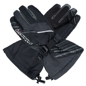 <ul><li>Aggressive styling<li>Nylon cat's-eye outer shell<li>P/U coating<li>100% waterproof Hipora® liner insert with Thermolite® insulation<li>Easily adjustable wrist straps<li>Rubber face shield wiper<li>Silicone printing across fingers for grip<li>Comfort rated to -35 degrees</ul>